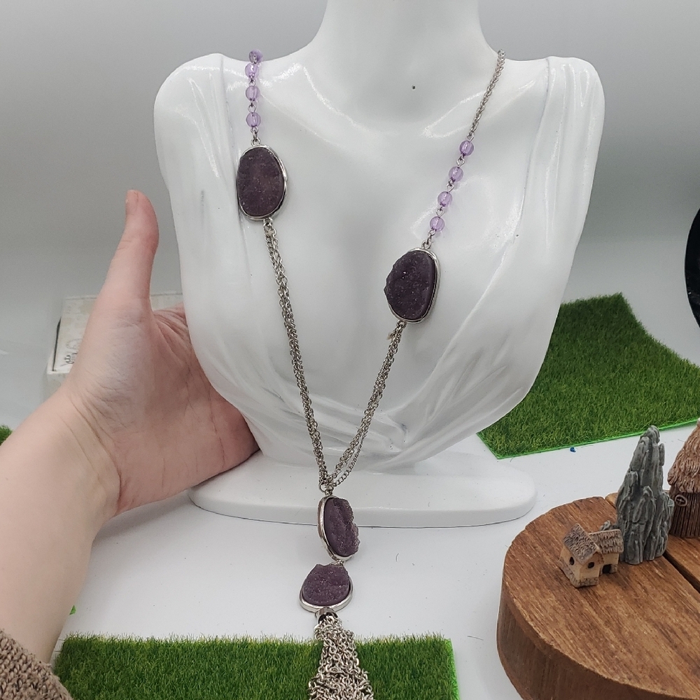 Purple Druzy Stone Silver Tone Statement Necklace 42 Inch N3907